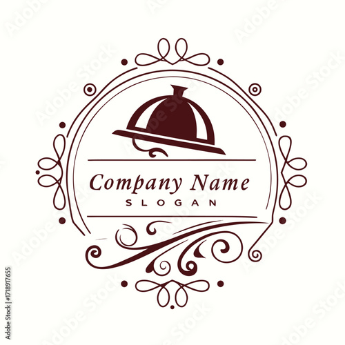 Elegant restaurant logo design featuring a silver cloche and ornate frame