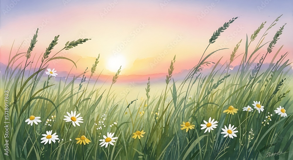 Obraz premium Watercolor painting of a field with daisies and tall grass at sunset with a soft pastel sky hue