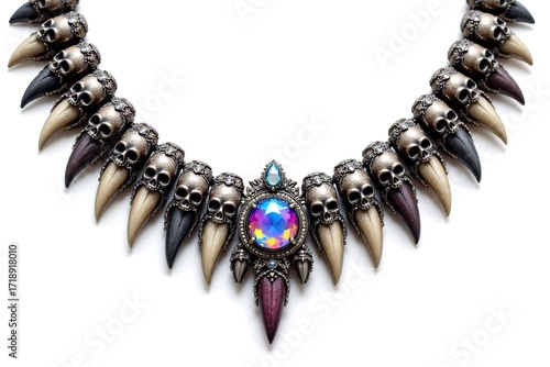 Gothic necklace with skulls, claws, and colorful gem centerpiece