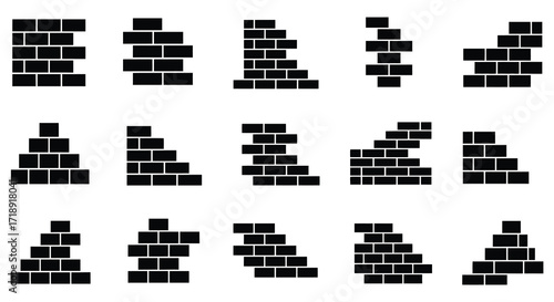 Arrangement of black brick shapes on a stark white background design
