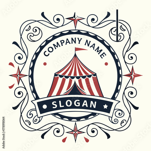 Vintage circus emblem with a red and white tent and ornate details