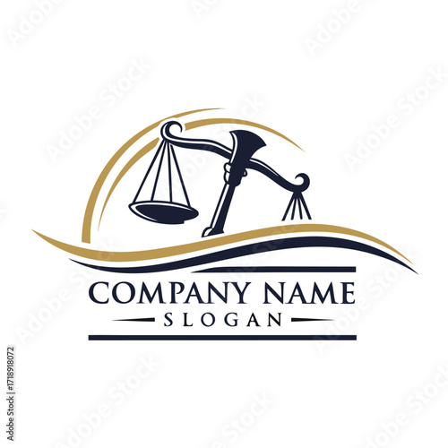 Justice scales with gavel and company branding elements design illustration
