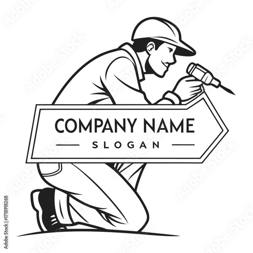 Construction worker using a drill with a company logo and slogan design