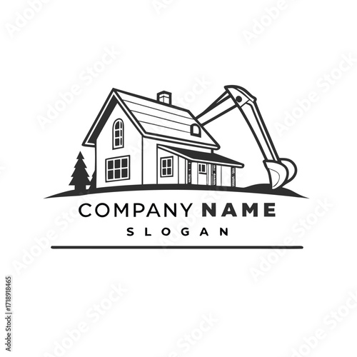 Construction logo featuring a house with an excavator arm reaching towards it