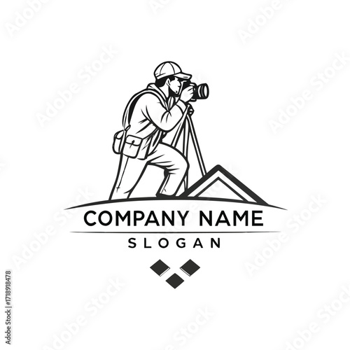 A photographer kneels with camera tripod and company branding elements