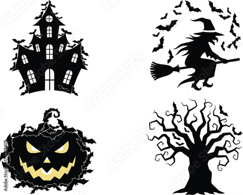 Spooky halloween silhouettes featuring a haunted house witch pumpkin and dead tree