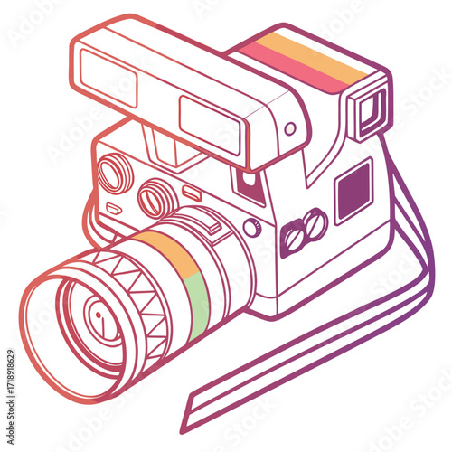 Isometric illustration of a vintage polaroid camera with colorful outline details
