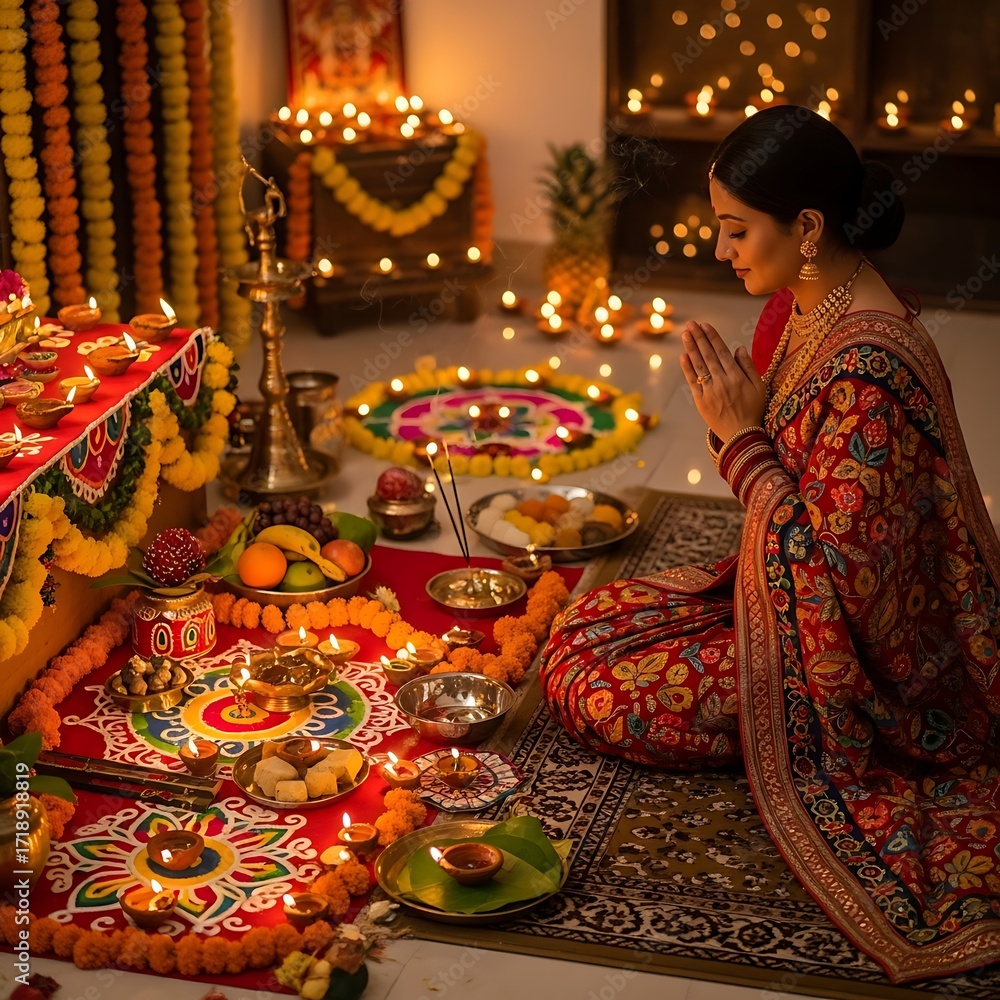 Fototapeta premium Serene moment of an Indian woman in a traditional saree performing a Laxmi Puja during the auspicious Diwali festival celebration at home