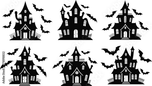 Spooky haunted houses with bats silhouettes for halloween themed vector illustrations