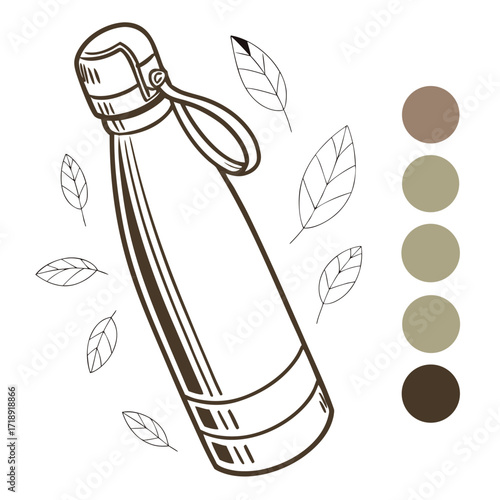Sketch of a reusable water bottle with leaves and color swatches