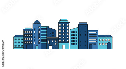 Stylized cityscape illustration featuring a collection of blue buildings
