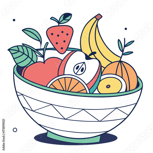 A colorful bowl brimming with fresh and vibrant fruit illustrations