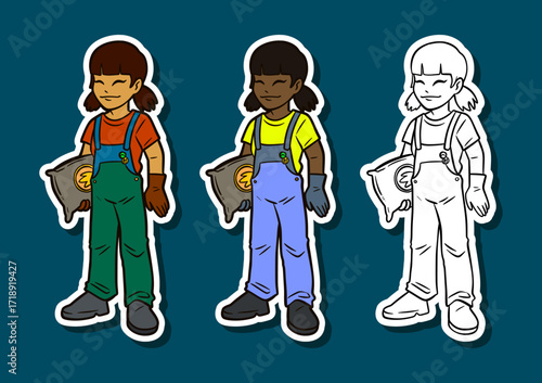 Teen farm girl carrying sack sticker illustration