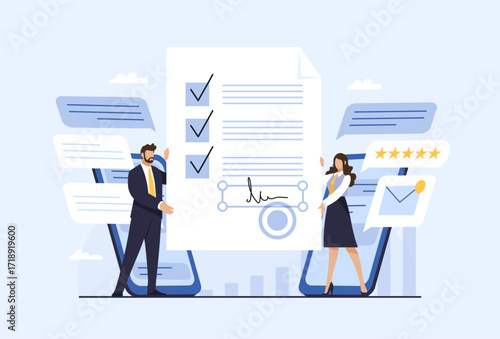 Businessman and businesswoman holding giant signed contract with checkmarks and communication icons. Flat vector illustration. Agreement, partnership and digital document concept for design.