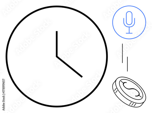 Clock for time tracking, microphone for communication, and coin for monetary aspects. Ideal for productivity, finance, work-life balance, communication, time-saving efficiency and focus. Simple