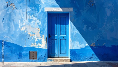 Vibrant blue door, weathered wall