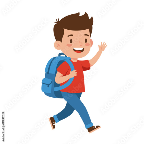 Happy cartoon schoolboy with a blue backpack walking and waving goodbye.