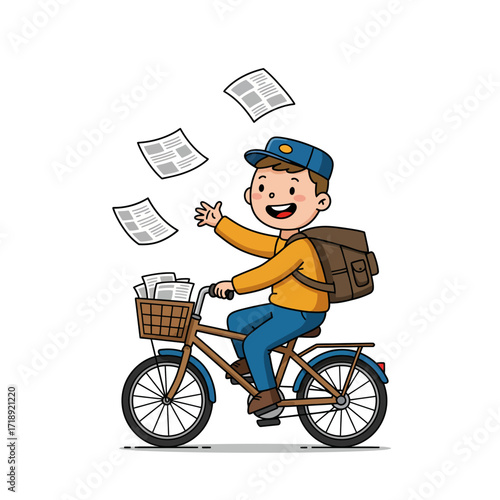 Happy cartoon paperboy on a bicycle waving and tossing newspapers with a joyful expression.