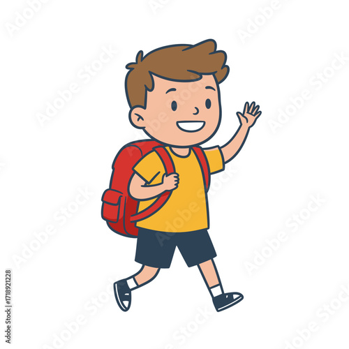 Happy cartoon schoolboy with a red backpack walking and waving his hand.
