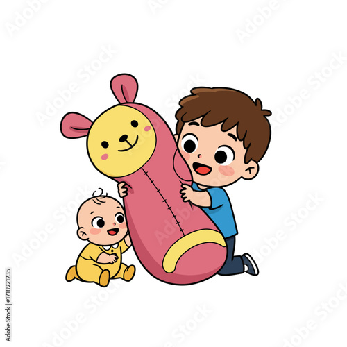 Happy cartoon siblings a boy and a baby joyfully playing with a large pink plush bear toy.