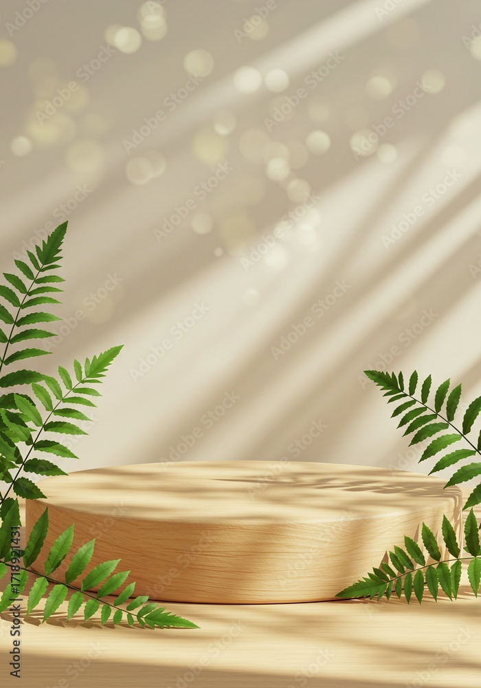 Fototapeta premium Minimalist Podium with Ferns and Sunlight Elegant Product Display in Natural Light.