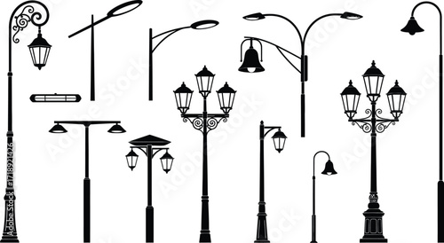 Street lights vector silhouettes urban lighting design elements editable stock