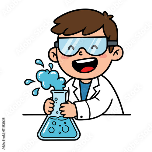 Joyful cartoon boy in a lab coat and goggles holding a bubbling Erlenmeyer flask.