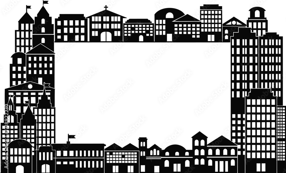 Obraz premium Cityscape buildings frame vector illustration black and white editable stock
