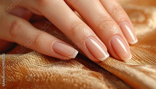 Elegant nude nails with French tips, resting on golden fabric