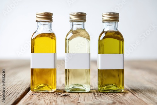 Three oil bottles stand on a wooden surface each with a blank white label filled with liquids of different hues