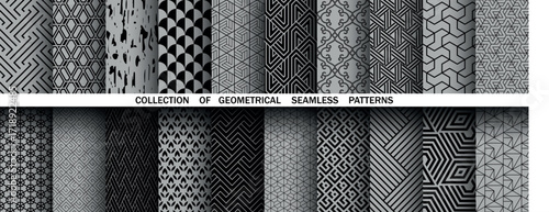 Geometric set of seamless black and gray patterns. Simple vector graphics