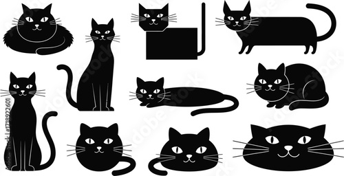 Black cat vector illustration set of different poses and shapes editable stock