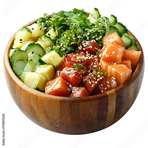 Wooden bowl of mixed poke isolated on a white background