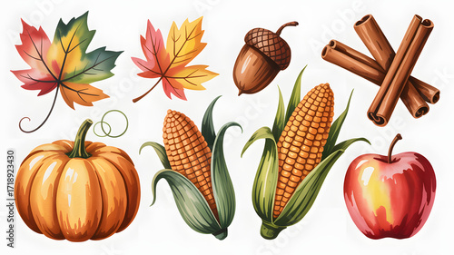 Autumnal Harvest Watercolor Still Life A Composition of Maple Leaves, Corn, Pumpkin, Acorn, Cinnamon Sticks, and Apple for Seasonal Designs