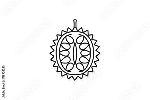 Durian Fruit Outline with Spikes on White Background Line Art Style