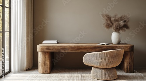A minimalist, neutral-toned home office space featuring a substantial wooden desk and a woven chair, accented by a muted vase with dried pampas grass.
