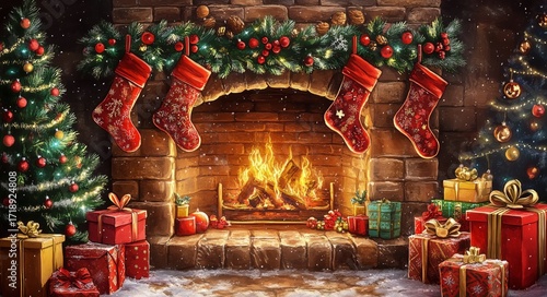 Warm Christmas Scene With Fireplace, Stockings, and Decorated Gifts in Cozy L...