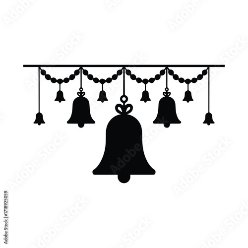 Elegant Black Silhouette of Hanging Bells with Decorative Beads on White Background