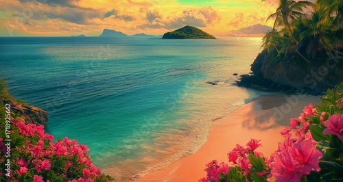Serene Beach Landscape With Vibrant Flowers and Tranquil Waters at Sunset