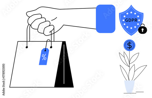 Hand grasping shopping bag with percentage tag, GDPR shield for data security, money symbol, and potted plant. Ideal for online shopping, e-commerce, security, discounts, economy sales simple flat