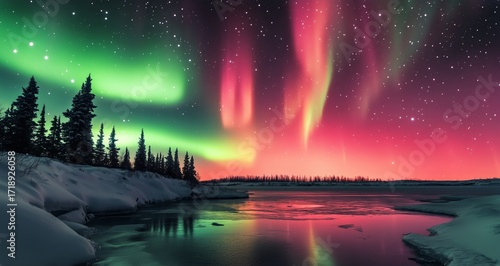 Colorful Aurora Borealis Lights up the Night Sky Over a Tranquil River in Win...