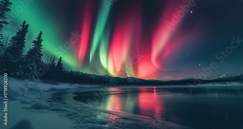 Vibrant Aurora Borealis Lights up a Winter Sky Over a Serene River Landscape.