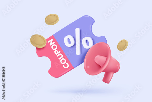 3d megaphone speaker or loudspeaker bullhorn for announce promotion in background, megaphone loud hailer with microphone, speakerphone. 3d icon vector render illustration for alert and announcement