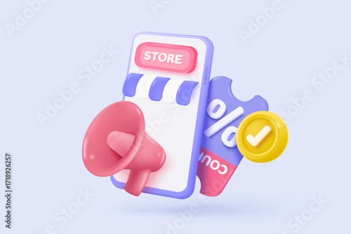 3d megaphone speaker or loudspeaker bullhorn for announce promotion in background, megaphone loud hailer with microphone, speakerphone. 3d icon vector render illustration for alert and announcement