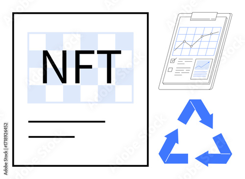 NFT text on checkered pattern, clipboard with charts, recycling arrows. Ideal for blockchain, sustainability, data analysis, eco-conscious tech, investment, digital assets simple flat metaphor
