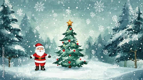 Santa Stands by a Decorated Christmas Tree in a Snowy Winter Landscape With F...