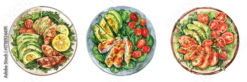 Healthy salad bowl food lunch vector set illustration
