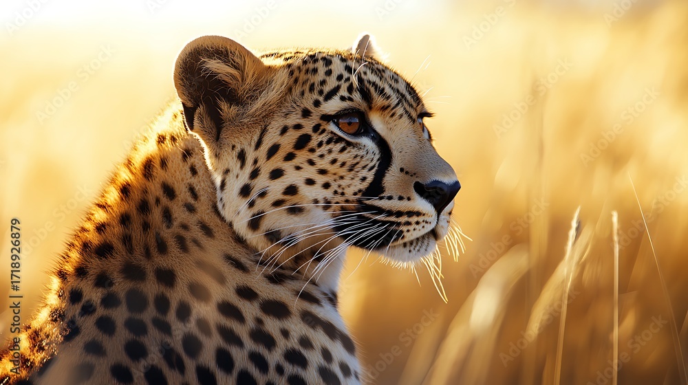 Fototapeta premium Close up portrait of a majestic leopard in golden hour savanna light