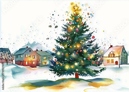 Colorful Christmas Tree in Snowy Landscape During Evening Celebration