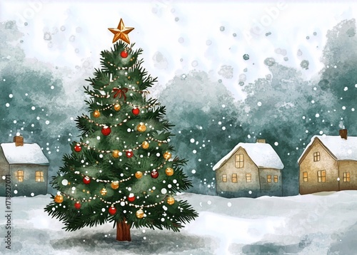 Colorful Christmas Tree in Snowy Landscape During Evening Celebration.